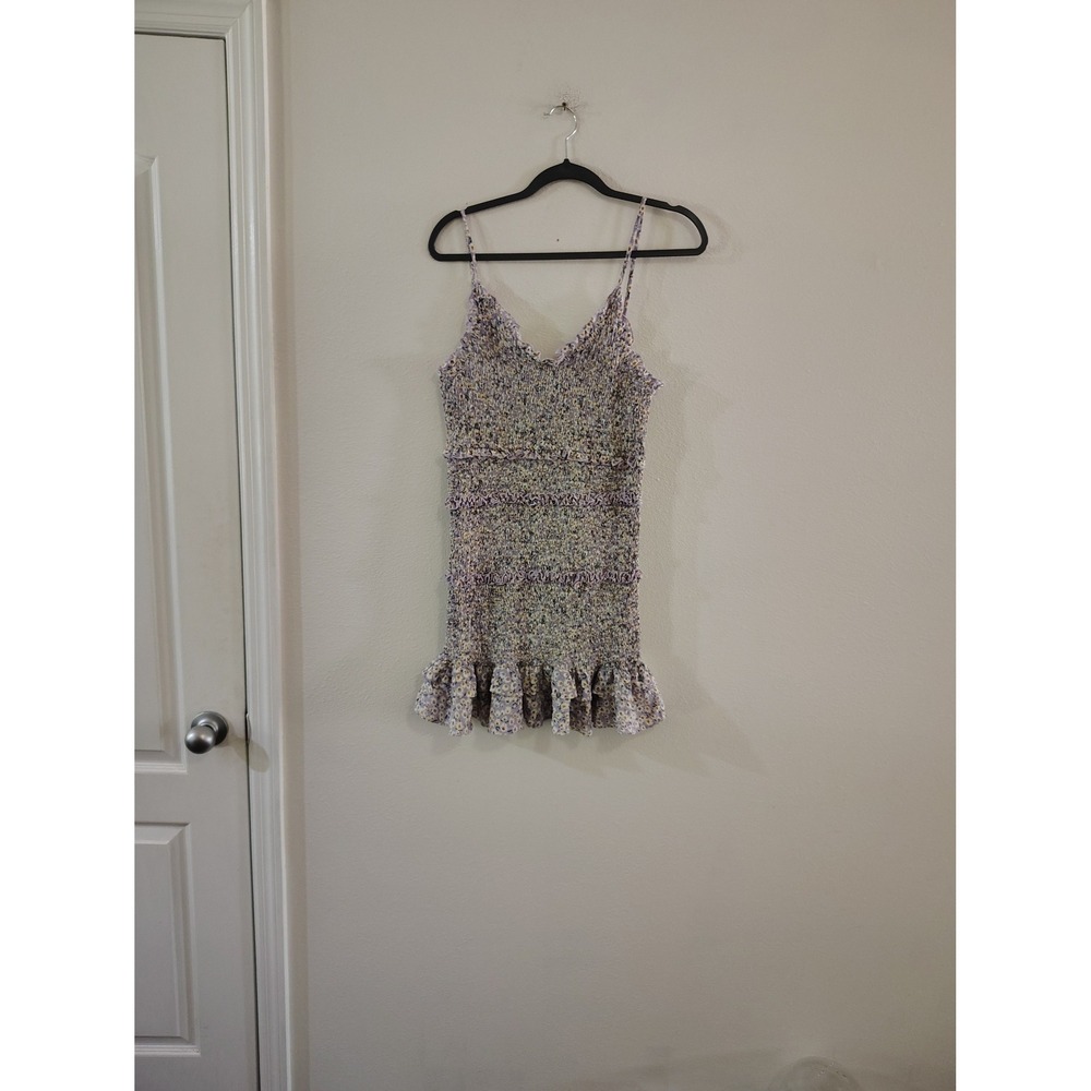 She + Sky Purple Floral Smocked Tiered Ruffle Mini Dress Womens Medium V-Neck
